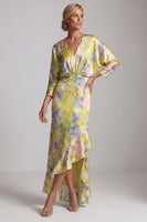 Load image into Gallery viewer, Printed Asymmetrical Floral Butter Yellow Mother of the Bride Dress with Ruffles