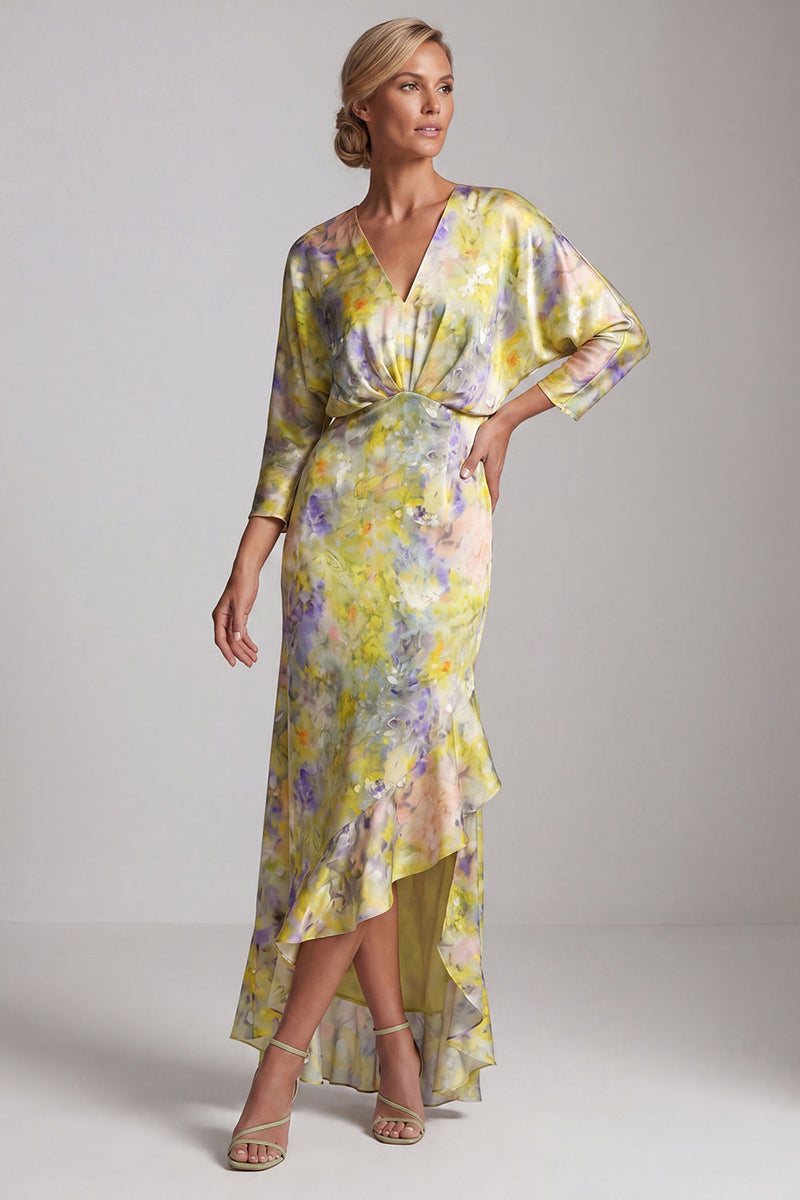Load image into Gallery viewer, Printed Asymmetrical Floral Butter Yellow Mother of the Bride Dress with Ruffles