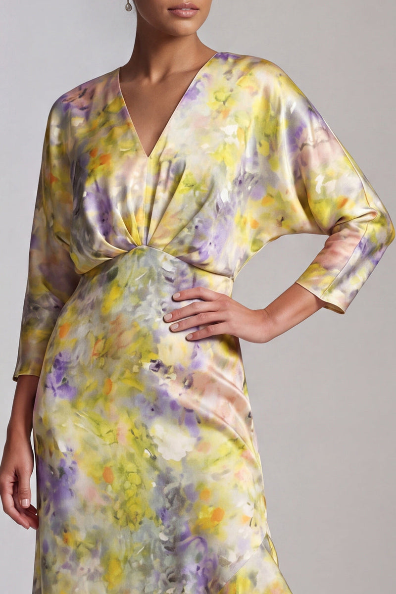 Load image into Gallery viewer, Printed Asymmetrical Floral Butter Yellow Mother of the Bride Dress with Ruffles