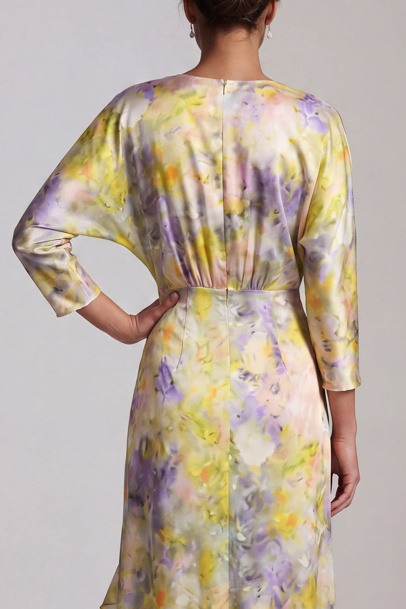 Load image into Gallery viewer, Printed Asymmetrical Floral Butter Yellow Mother of the Bride Dress with Ruffles