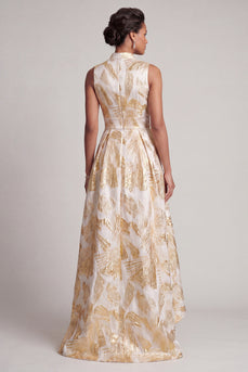 A Line V-Neck Champagne Sparkly Long Floral Mother of the Bride Dress