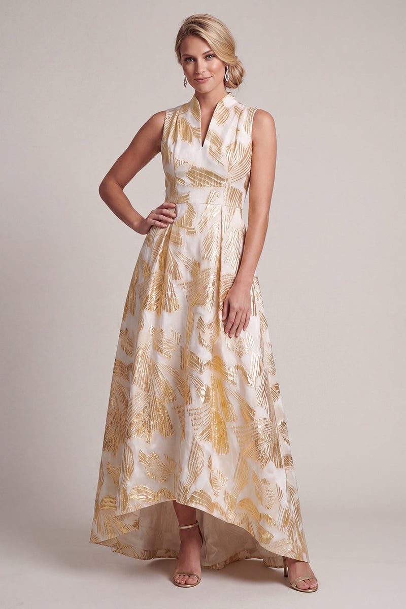 Load image into Gallery viewer, A Line V-Neck Champagne Sparkly Long Floral Mother of the Bride Dress