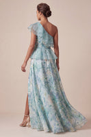 Load image into Gallery viewer, Light Green A Line Floral Ruffled Long Mother of the Bride Dress with Slit