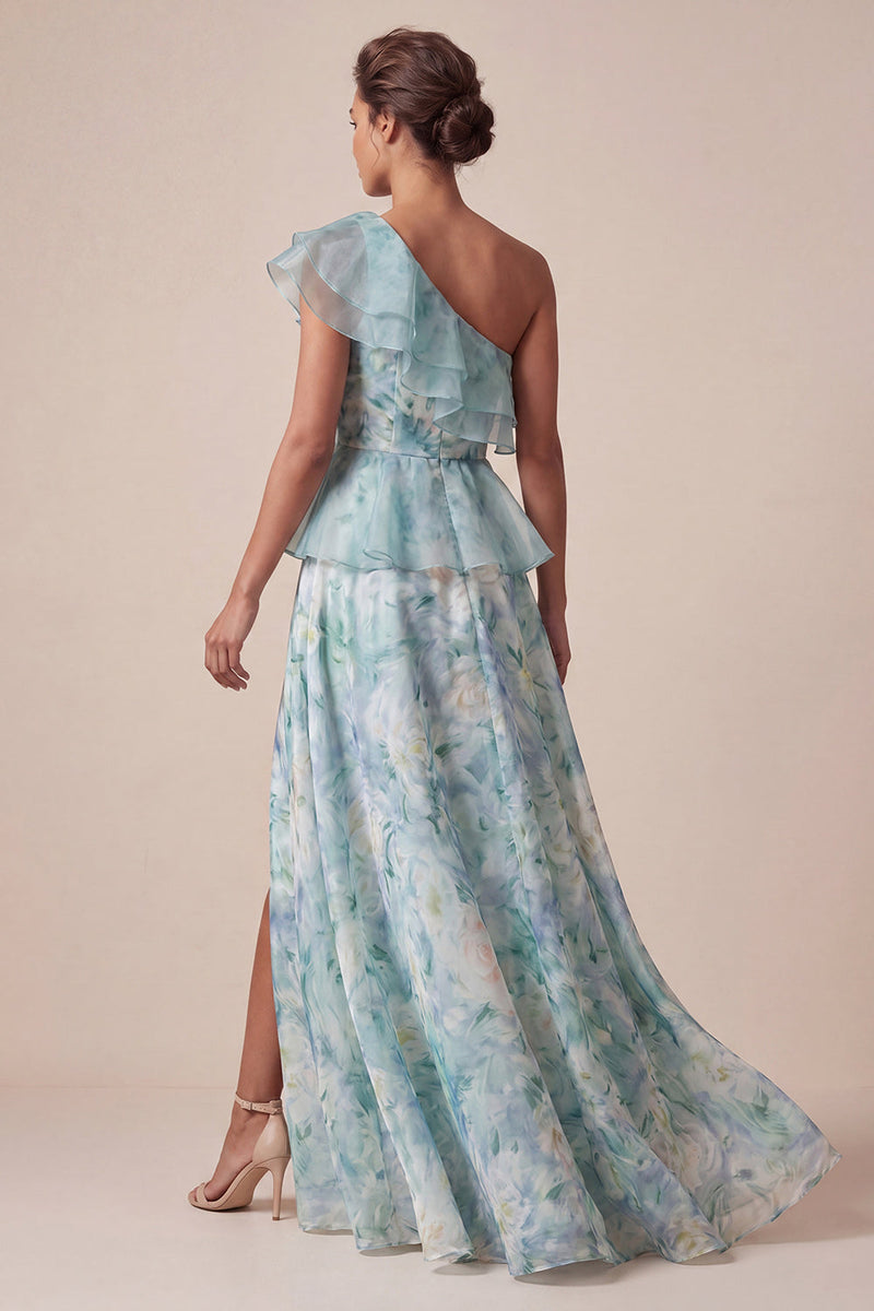Load image into Gallery viewer, Light Green A Line Floral Ruffled Long Mother of the Bride Dress with Slit