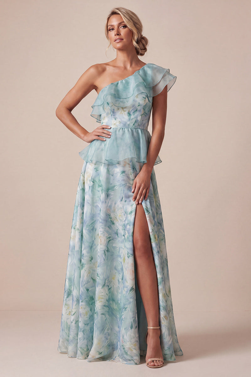 Load image into Gallery viewer, Light Green A Line Floral Ruffled Long Mother of the Bride Dress with Slit