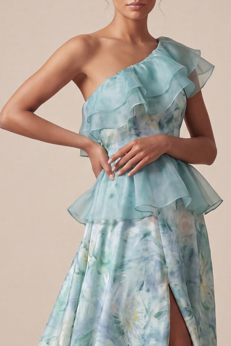 Load image into Gallery viewer, Light Green A Line Floral Ruffled Long Mother of the Bride Dress with Slit