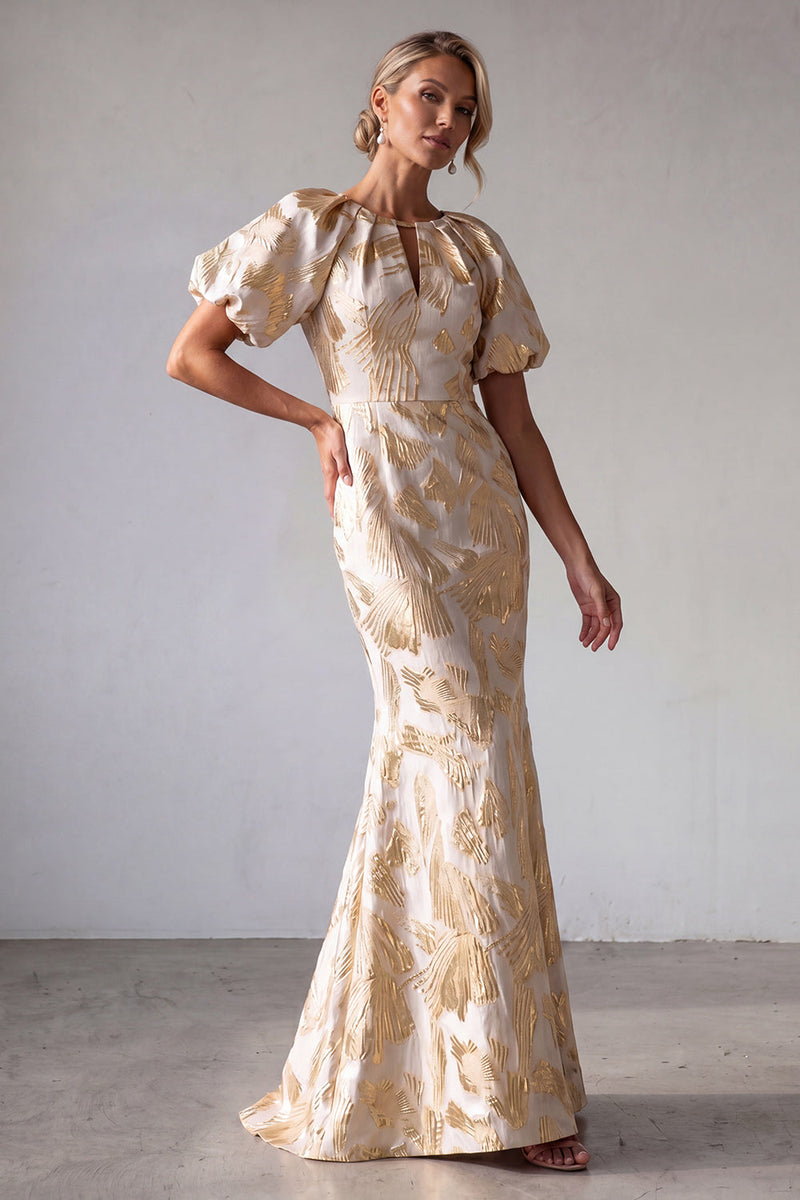 Load image into Gallery viewer, Sparkly Mermaid Keyhole Champagne Long Floral Mother of the Bride Dress