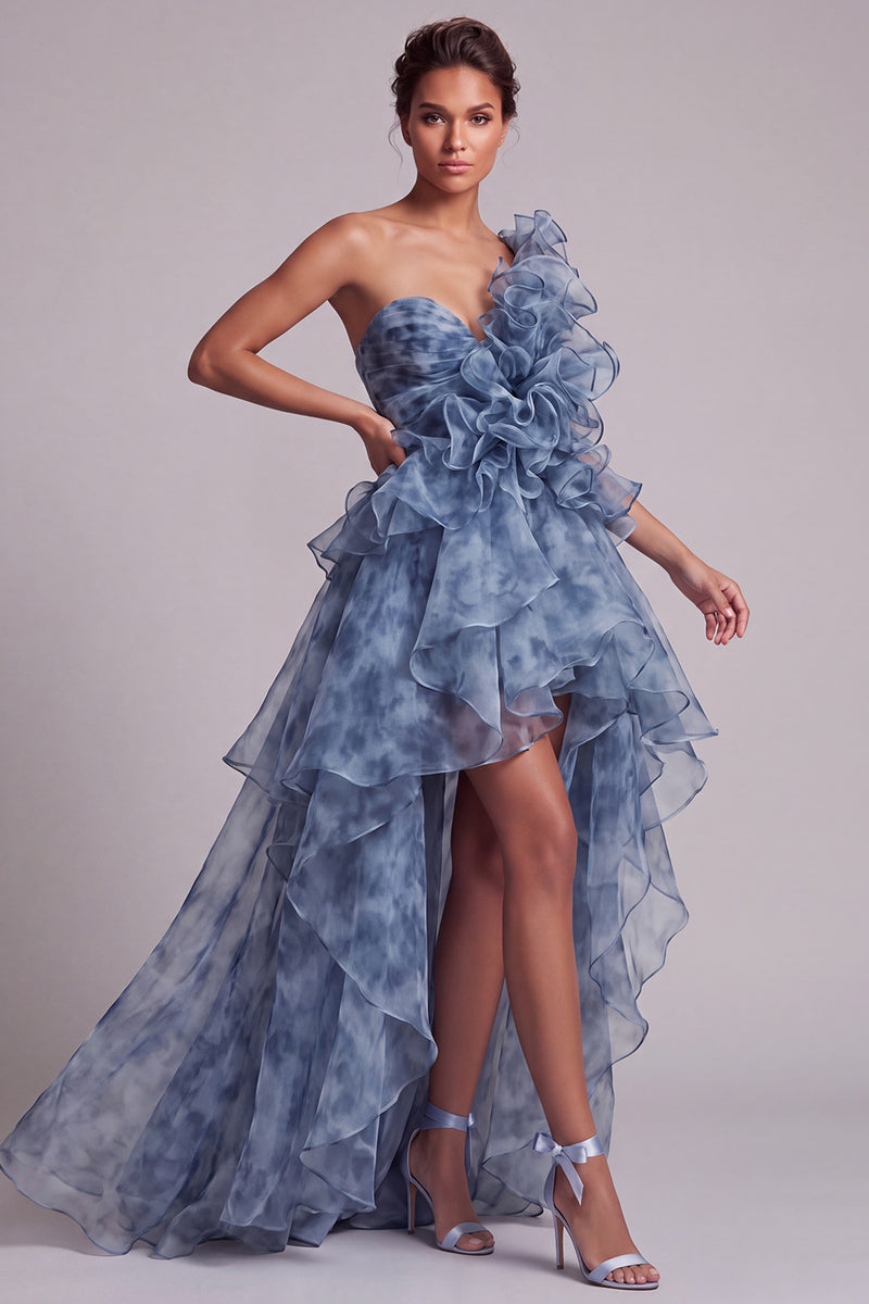 Load image into Gallery viewer, Dusty Blue High Low A Line Mother of the Bride Dress with Ruffles