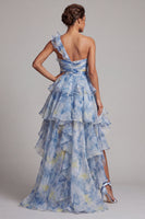 Load image into Gallery viewer, Dusty Blue High Low A Line Mother of the Bride Dress with Ruffles