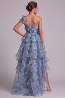 Load image into Gallery viewer, Dusty Blue High Low A Line Mother of the Bride Dress with Ruffles