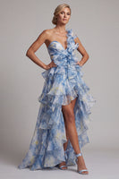 Load image into Gallery viewer, Dusty Blue High Low A Line Mother of the Bride Dress with Ruffles