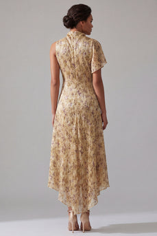High Neck Floral A Line Asymmetrical Champagne Mother of the Bride Dress