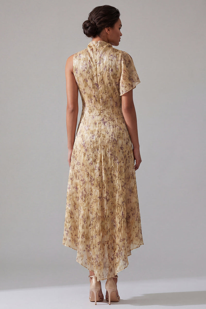 Load image into Gallery viewer, High Neck Floral A Line Asymmetrical Champagne Mother of the Bride Dress