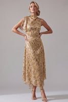 Load image into Gallery viewer, High Neck Floral A Line Asymmetrical Champagne Mother of the Bride Dress