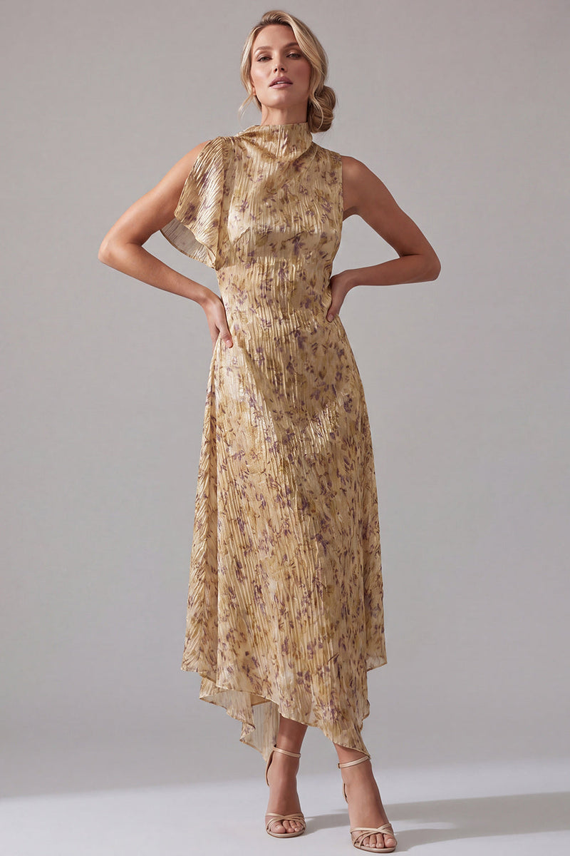 Load image into Gallery viewer, High Neck Floral A Line Asymmetrical Champagne Mother of the Bride Dress