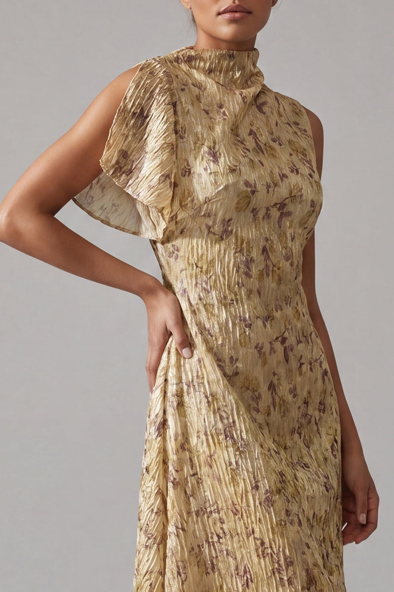 Load image into Gallery viewer, High Neck Floral A Line Asymmetrical Champagne Mother of the Bride Dress