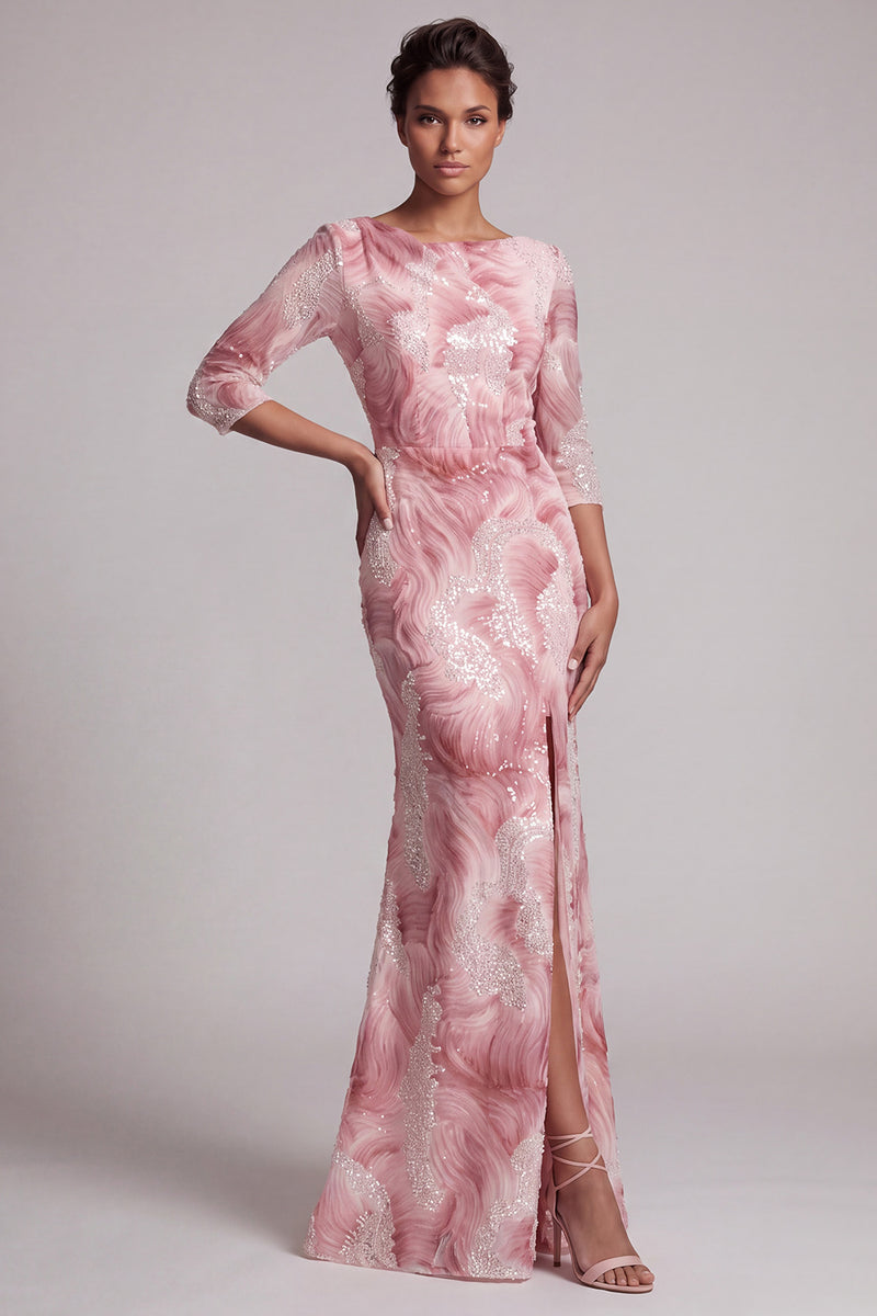 Load image into Gallery viewer, Mermaid Sparkly Blush Long Ruched Beaded Mother of the Bride Dress with Slit
