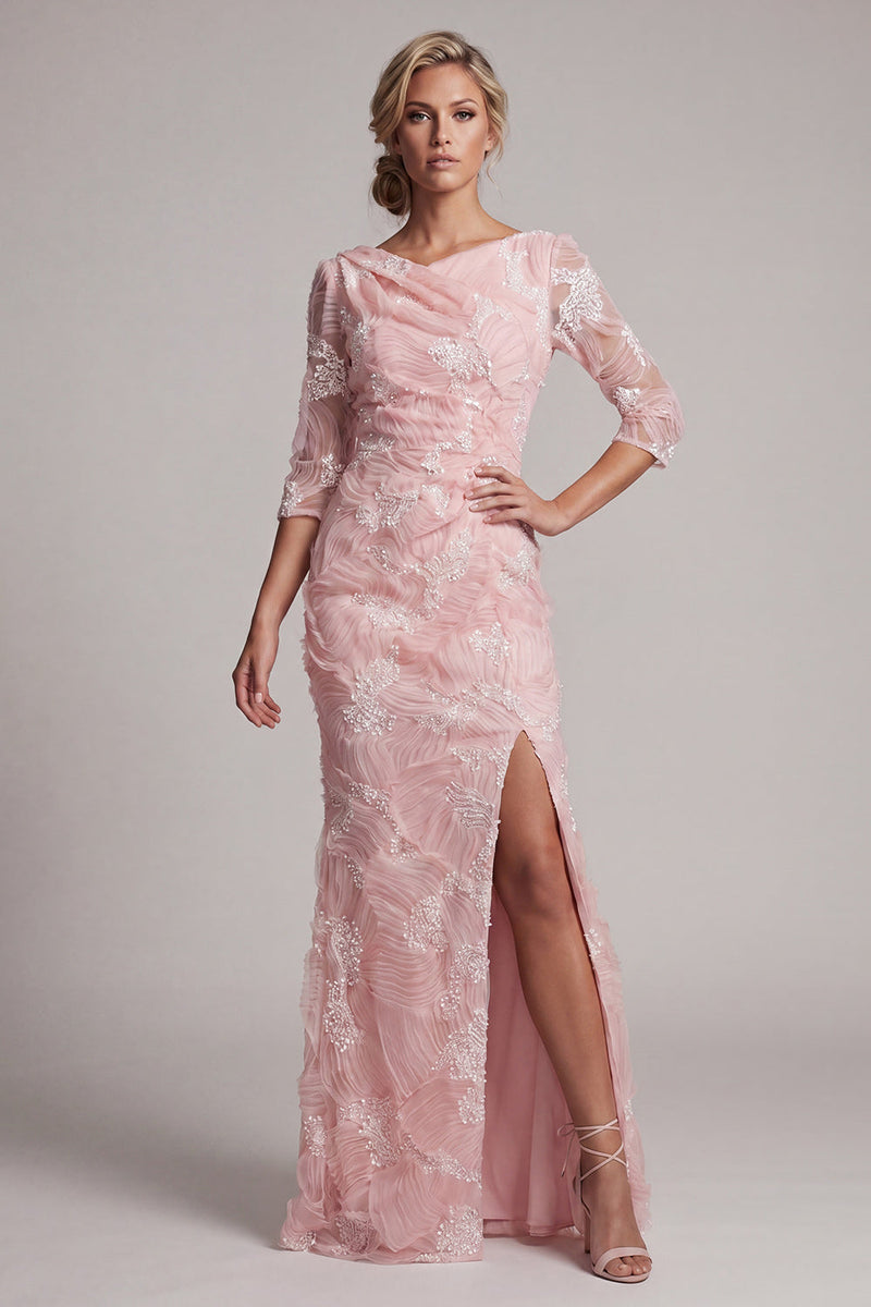 Load image into Gallery viewer, Mermaid Sparkly Blush Long Ruched Beaded Mother of the Bride Dress with Slit