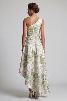 Asymmetrical One Shoulder A Line Light Green Floral Mother of the Bride Dress