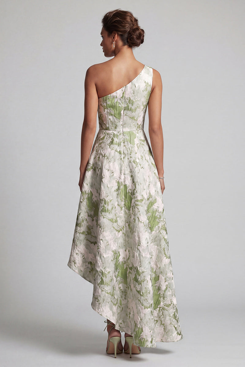 Load image into Gallery viewer, Asymmetrical One Shoulder A Line Light Green Floral Mother of the Bride Dress