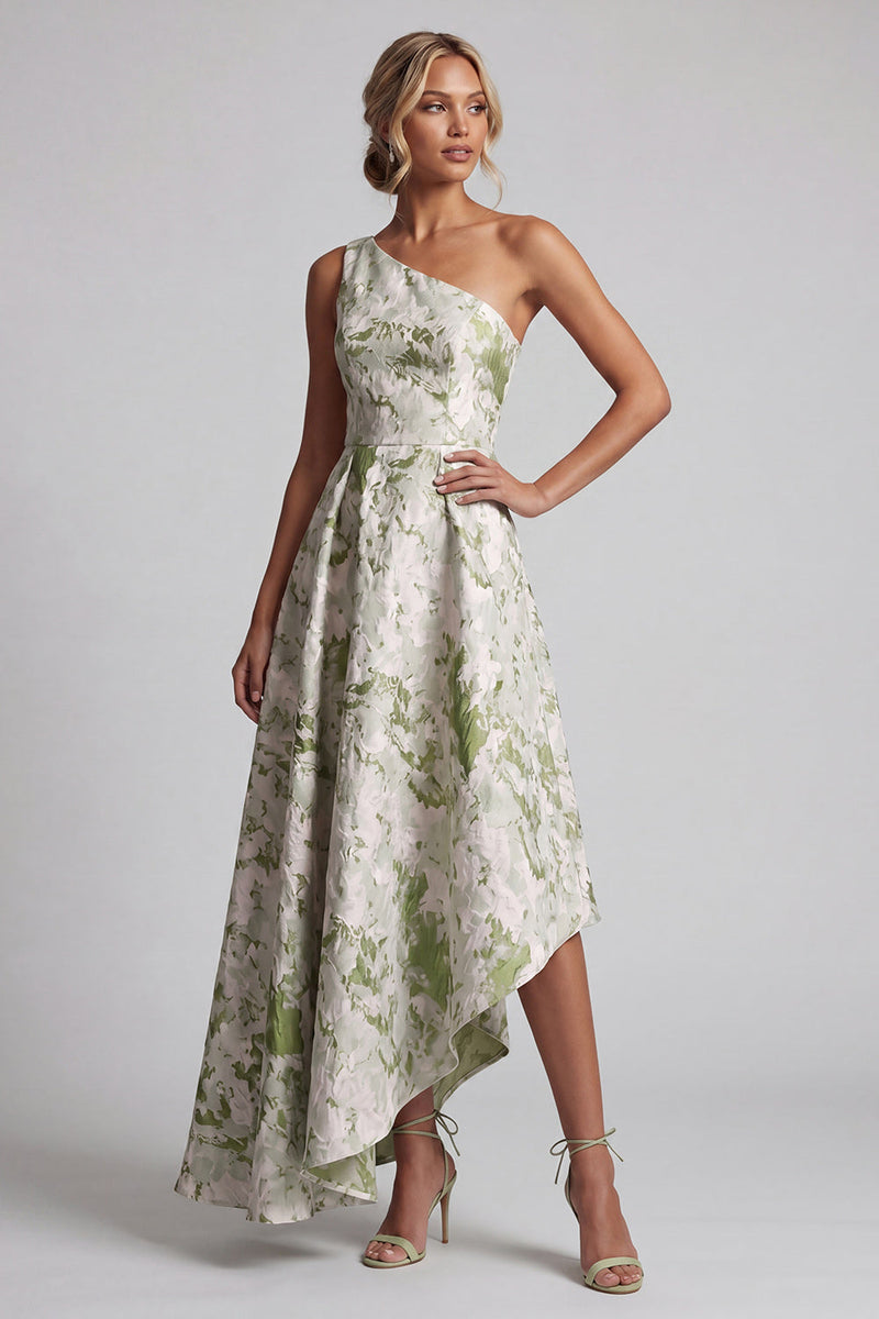 Load image into Gallery viewer, Asymmetrical One Shoulder A Line Light Green Floral Mother of the Bride Dress