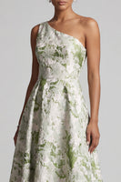 Load image into Gallery viewer, Asymmetrical One Shoulder A Line Light Green Floral Mother of the Bride Dress