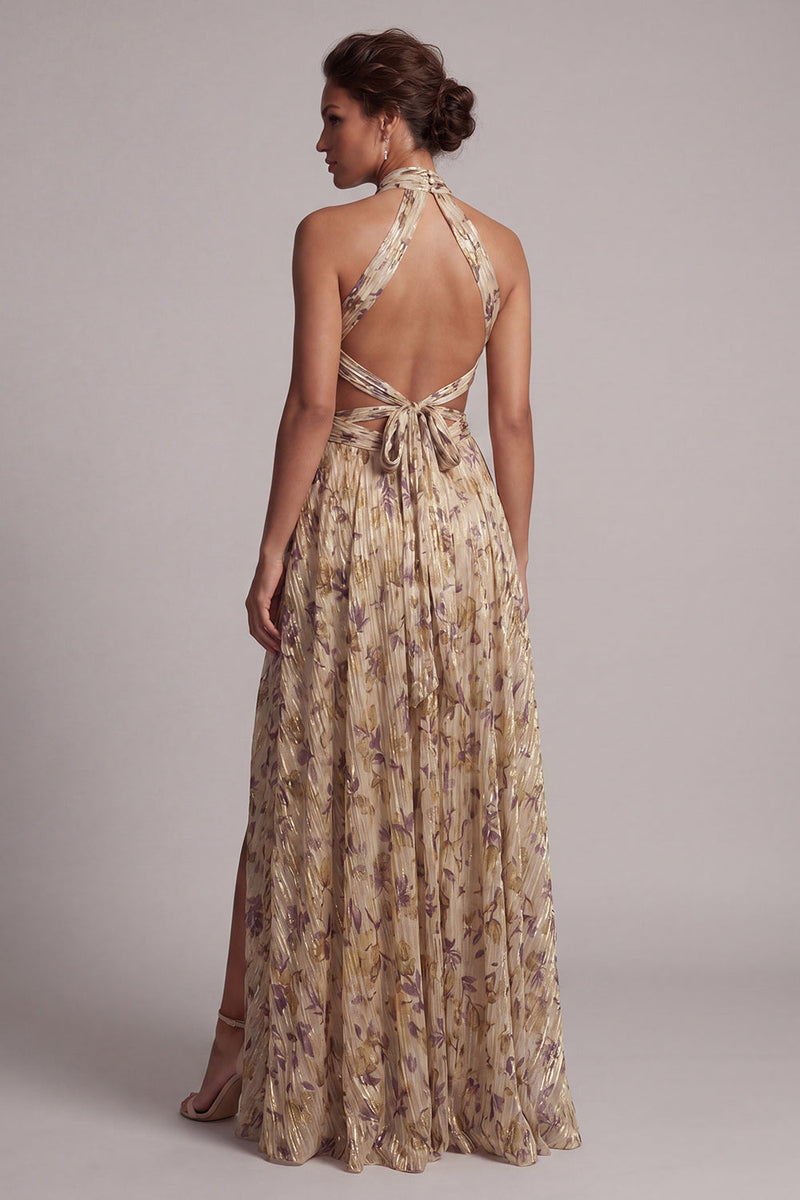Load image into Gallery viewer, Champagne A Line Long Floral Cut Out Mother of the Bride Dress with Slit