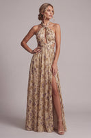 Load image into Gallery viewer, Champagne A Line Long Floral Cut Out Mother of the Bride Dress with Slit