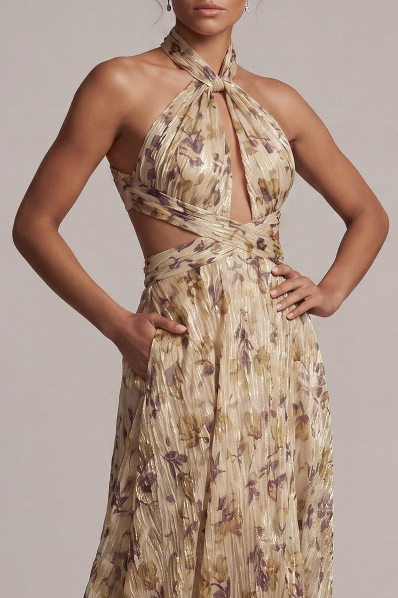 Load image into Gallery viewer, Champagne A Line Long Floral Cut Out Mother of the Bride Dress with Slit