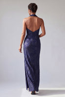 Load image into Gallery viewer, Halter Backless Dark Purple Long Floral Mermaid Mother of the Bride Dress with Slit
