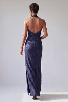 Halter Backless Dark Purple Long Floral Mermaid Mother of the Bride Dress with Slit