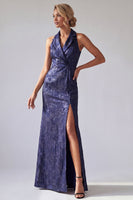 Load image into Gallery viewer, Halter Backless Dark Purple Long Floral Mermaid Mother of the Bride Dress with Slit