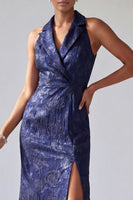 Load image into Gallery viewer, Halter Backless Dark Purple Long Floral Mermaid Mother of the Bride Dress with Slit