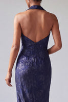 Load image into Gallery viewer, Halter Backless Dark Purple Long Floral Mermaid Mother of the Bride Dress with Slit