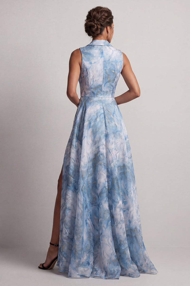 Load image into Gallery viewer, Notched Lapel Floral A Line Lake Blue Long Mother of the Bride Dress with Slit