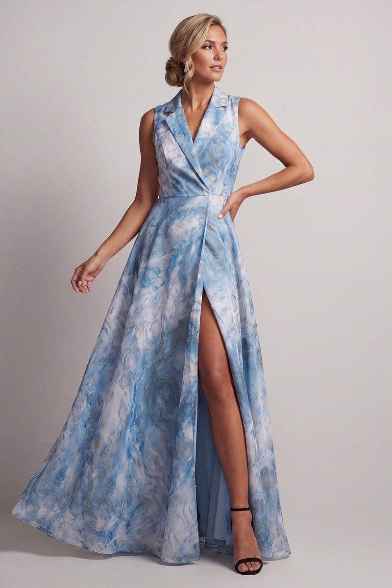 Load image into Gallery viewer, Notched Lapel Floral A Line Lake Blue Long Mother of the Bride Dress with Slit