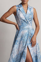 Load image into Gallery viewer, Notched Lapel Floral A Line Lake Blue Long Mother of the Bride Dress with Slit