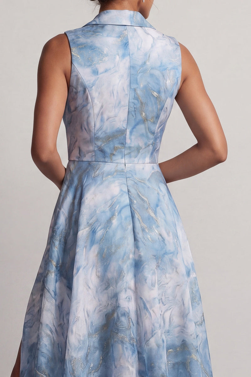 Load image into Gallery viewer, Notched Lapel Floral A Line Lake Blue Long Mother of the Bride Dress with Slit