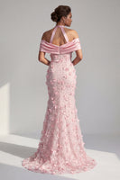 Load image into Gallery viewer, Pink Mermaid Long Halter Floral Beaded Mother of the Bride Dress
