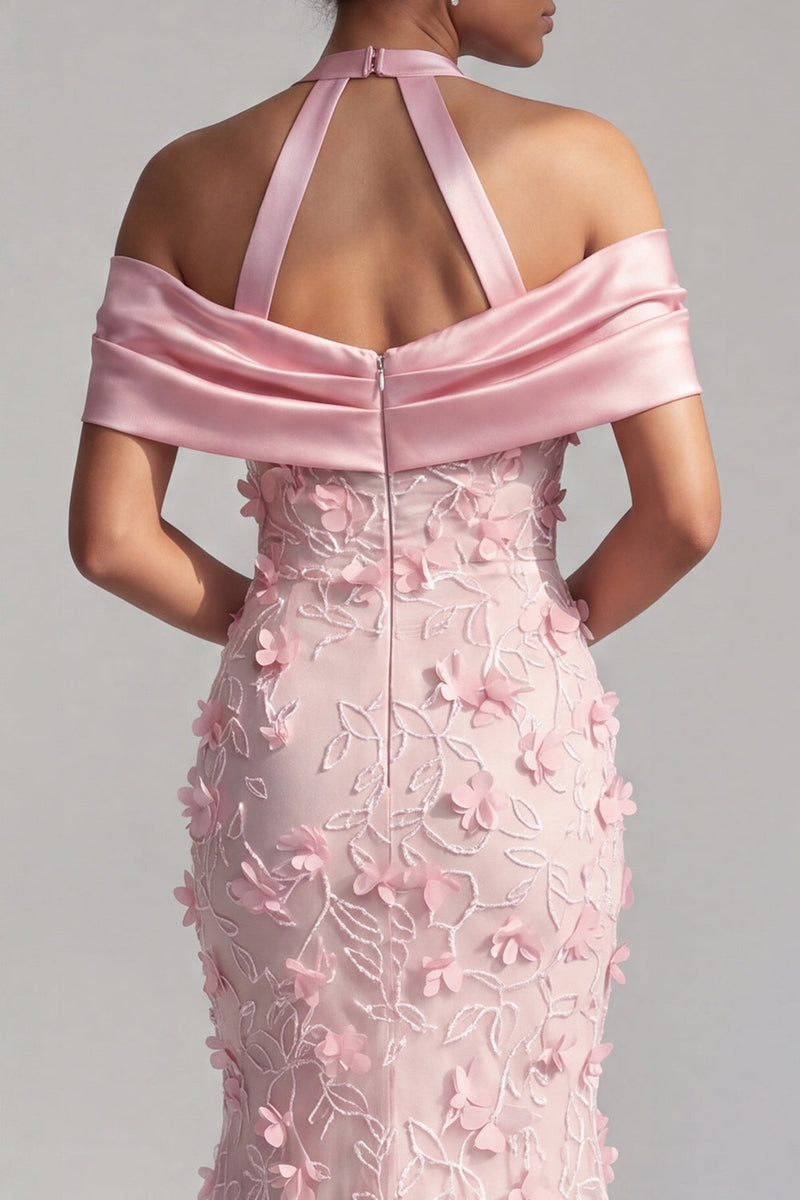 Load image into Gallery viewer, Pink Mermaid Long Halter Floral Beaded Mother of the Bride Dress