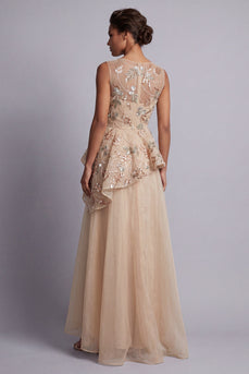 A Line Champagne Floral Long Beaded Mother of the Bride Dress with Ruffles