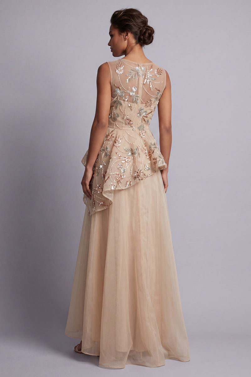 Load image into Gallery viewer, A Line Champagne Floral Long Beaded Mother of the Bride Dress with Ruffles