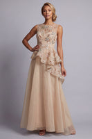 Load image into Gallery viewer, A Line Champagne Floral Long Beaded Mother of the Bride Dress with Ruffles