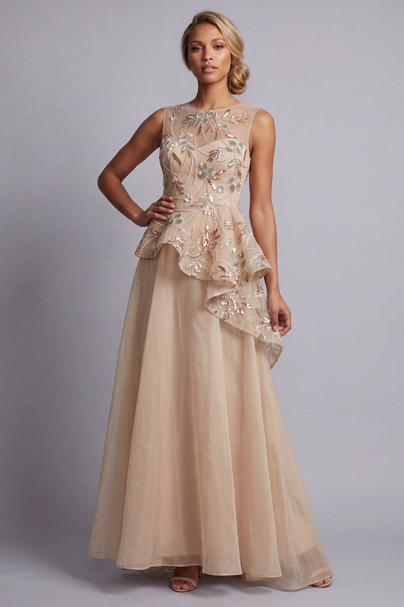 Load image into Gallery viewer, A Line Champagne Floral Long Beaded Mother of the Bride Dress with Ruffles