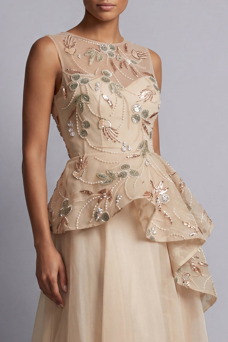 Load image into Gallery viewer, A Line Champagne Floral Long Beaded Mother of the Bride Dress with Ruffles