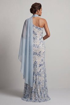 Sparkly Light Blue Mermaid Floral Long Beaded Mother of the Bride Dress