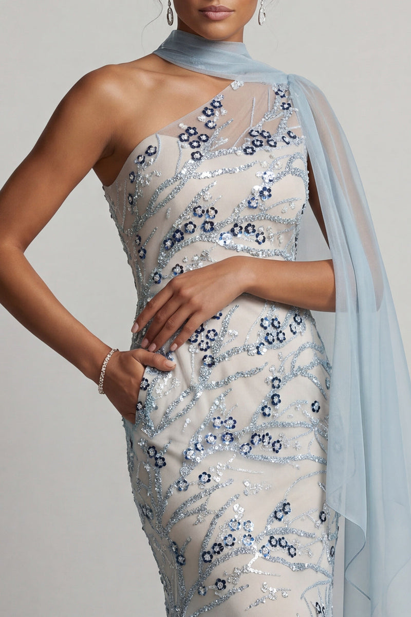 Load image into Gallery viewer, Sparkly Light Blue Mermaid Floral Long Beaded Mother of the Bride Dress