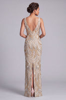 Load image into Gallery viewer, V-Neck Champagne Sparkly Long Beaded Mother of the Bride Dress with Bow