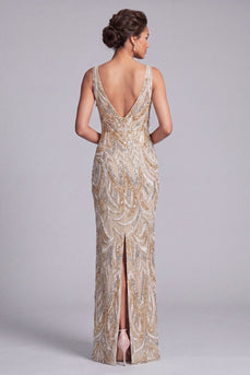 V-Neck Champagne Sparkly Long Beaded Mother of the Bride Dress with Bow