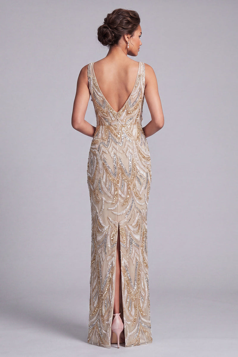 Load image into Gallery viewer, V-Neck Champagne Sparkly Long Beaded Mother of the Bride Dress with Bow